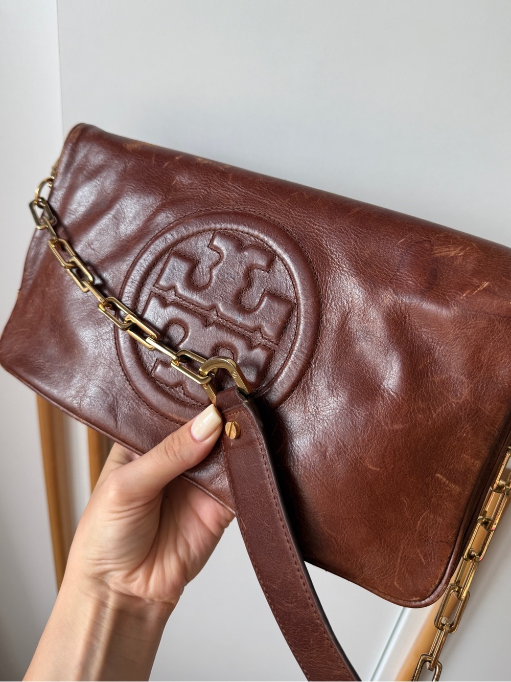 Tory Burch Brown Leather Fold-Over Clutch with Chain Strap